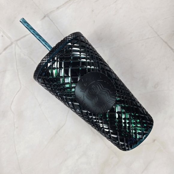 Starbucks Dark Green/Blue Gridded Tumbler 16 oz 473 ml with Straw Cold Beverages - Picture 1 of 8